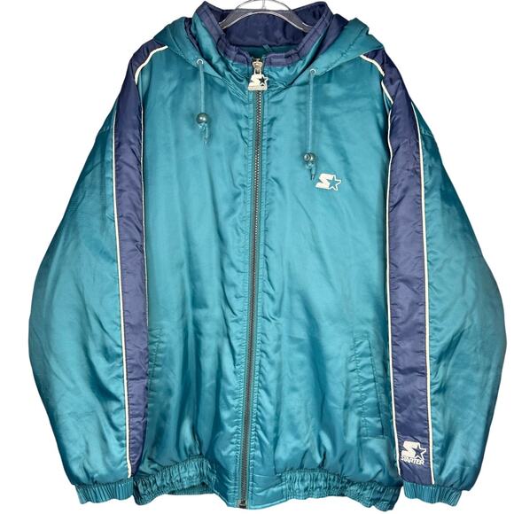VINTAGE STARTER 90's Streetwear Oversized Hooded Puffer Teal & Navy Full Zip - Picture 1 of 15